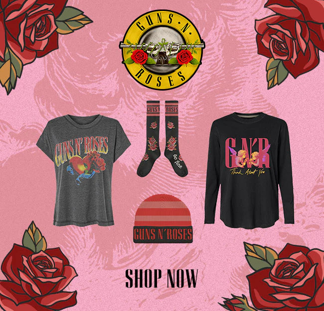 Valentine's Day Guns N' Roses Kollektion - Mobile Banner mit T-Shirt, Socken, Beanie und Shirt.